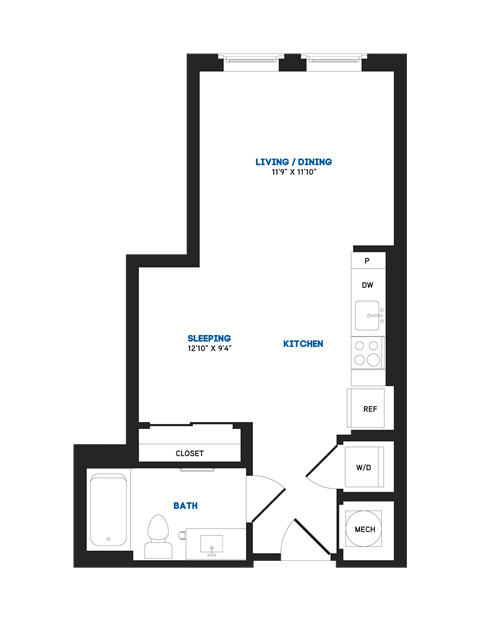 Floor plan for studio, 1 bath, 465 sqft