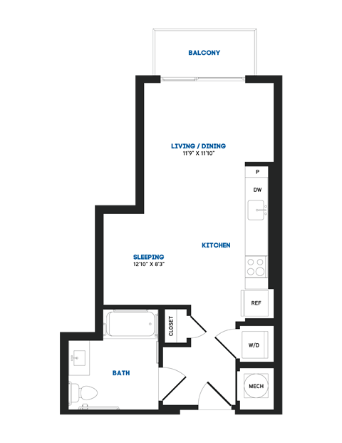 Floor plan for studio, 1 bath, 465 sqft