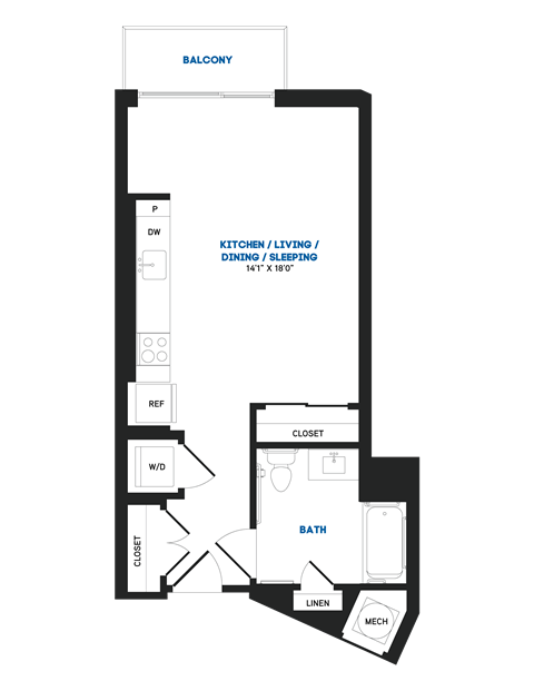 Floor plan for studio, 1 bath, 492 sqft