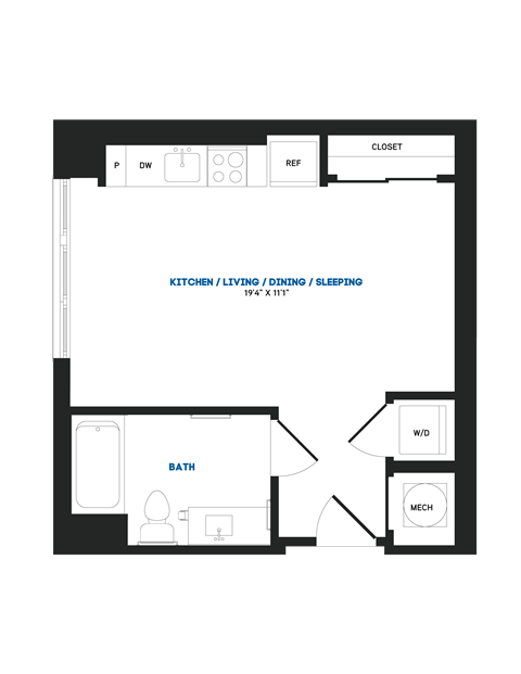 Floor plan for studio, 1 bath, 432 sqft