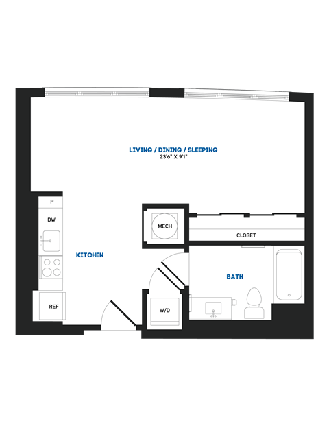 Floor plan for studio, 1 bath, 515 sqft