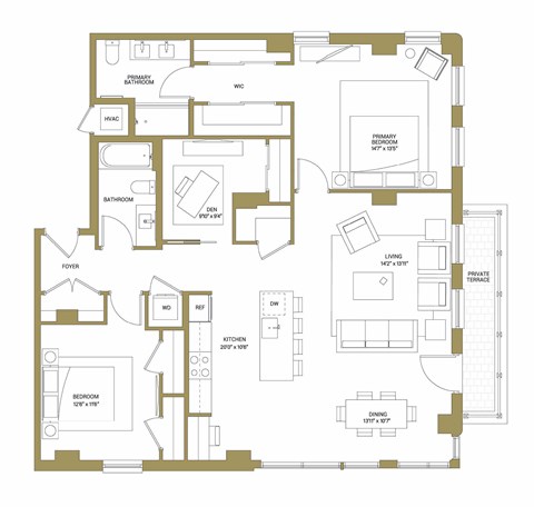 Floor plan for 2 beds, 2 baths, 1542 sqft