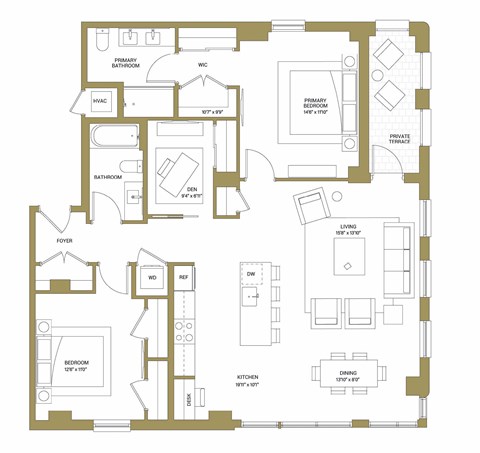 Floor plan for 2 beds, 2 baths, 1489 sqft