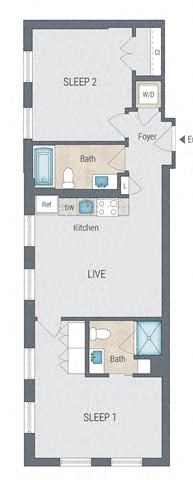 Floor plan for 2 beds, 2 baths, 837 sqft