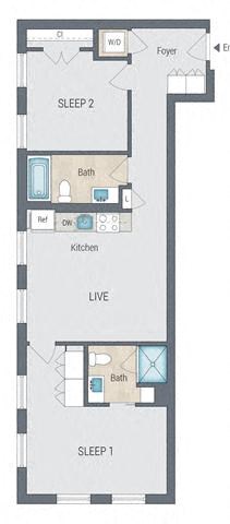 Floor plan for 2 beds, 2 baths, 873 sqft