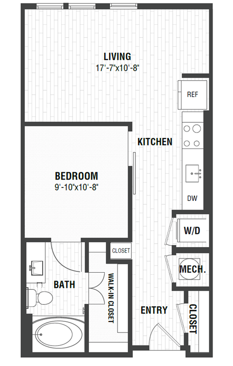 Floor plan for 1 bed, 1 bath, 620 sqft