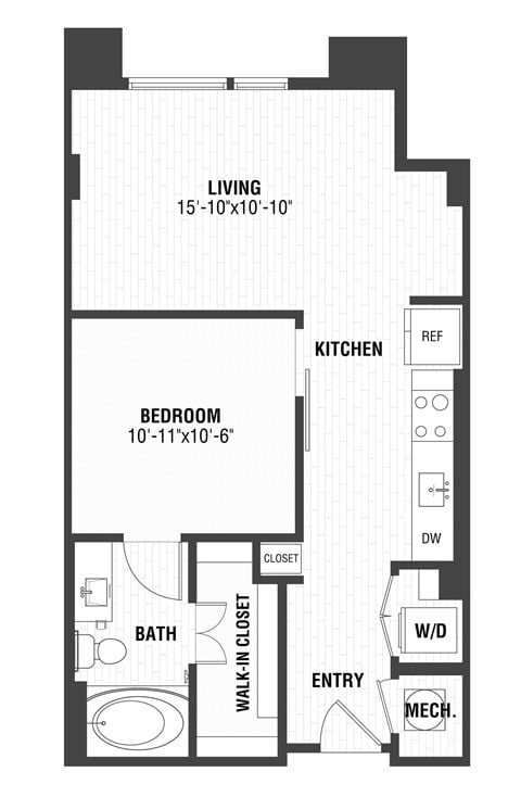 Floor plan for 1 bed, 1 bath, 659 sqft