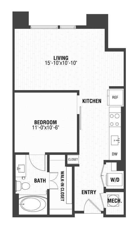 Floor plan for 1 bed, 1 bath, 644 sqft