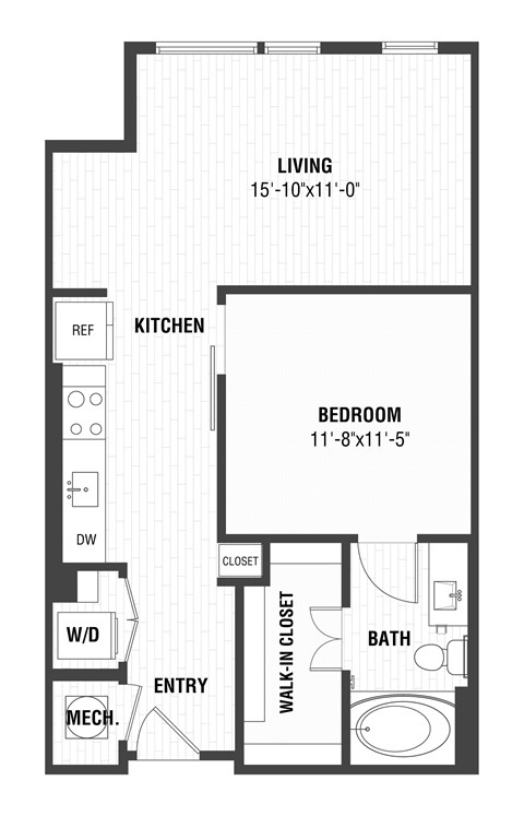 Floor plan for 1 bed, 1 bath, 698 sqft