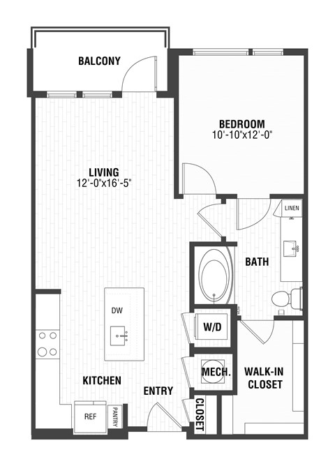 Floor plan for 1 bed, 1 bath, 761 sqft