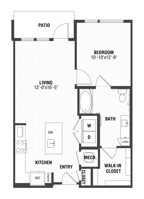 Floor plan for 1 bed, 1 bath, 763 sqft