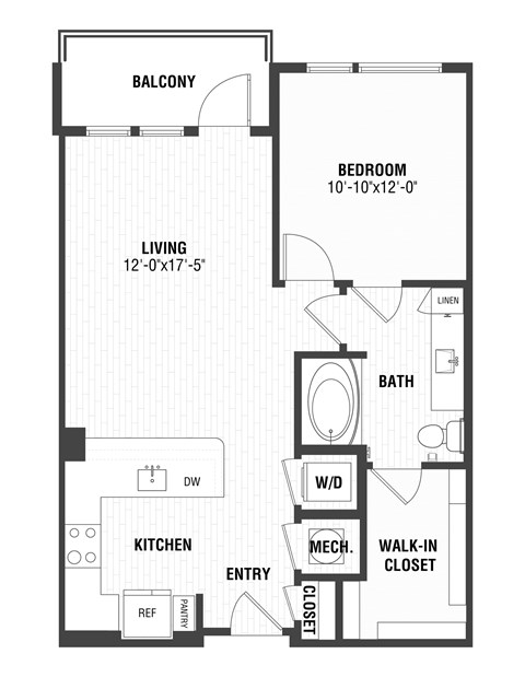 Floor plan for 1 bed, 1 bath, 763 sqft