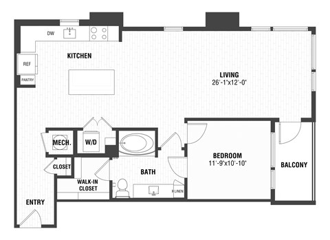 Floor plan for 1 bed, 1 bath, 979 sqft