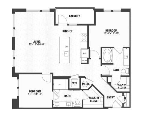 Floor plan for 2 beds, 2 baths, 1211 sqft