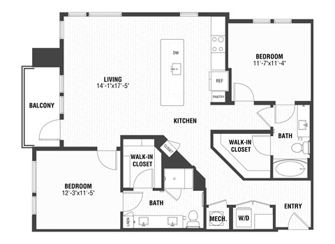 Floor plan for 2 beds, 2 baths, 1215 sqft