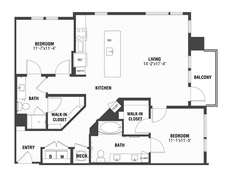 Floor plan for 2 beds, 2 baths, 1215 sqft