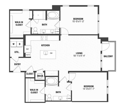 Floor plan for 2 beds, 2 baths, 1375 sqft