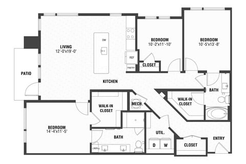 Floor plan for 3 beds, 2 baths, 1462 sqft