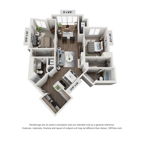 Floor plan for 2 beds, 2 baths, 995 sqft