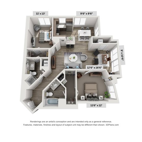 Floor plan for 2 beds, 2 baths, 1060 sqft