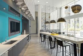 Washington apartment for rent - a kitchen with a long counter and a long table with chairs at Fort Totten Square, Washington