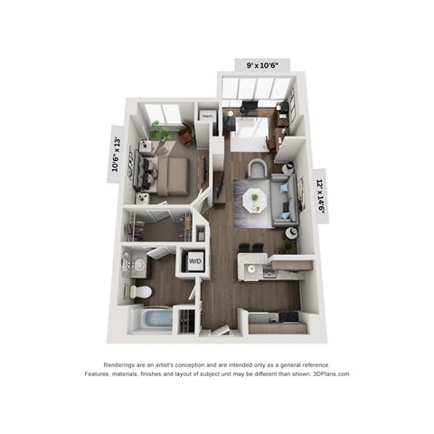 Floor plan for 1 bed, 1 bath, 679 sqft