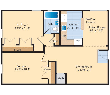 Floor plan for 2 beds, 1 bath, 872 sqft