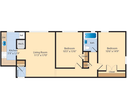Floor plan for 2 beds, 1 bath, 782 sqft