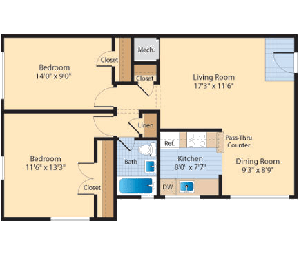 Floor plan for 2 beds, 1 bath, 781 sqft