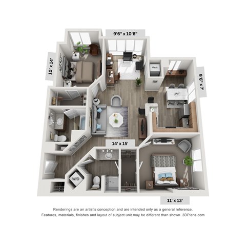 Floor plan for 2 beds, 2 baths, 1045 sqft