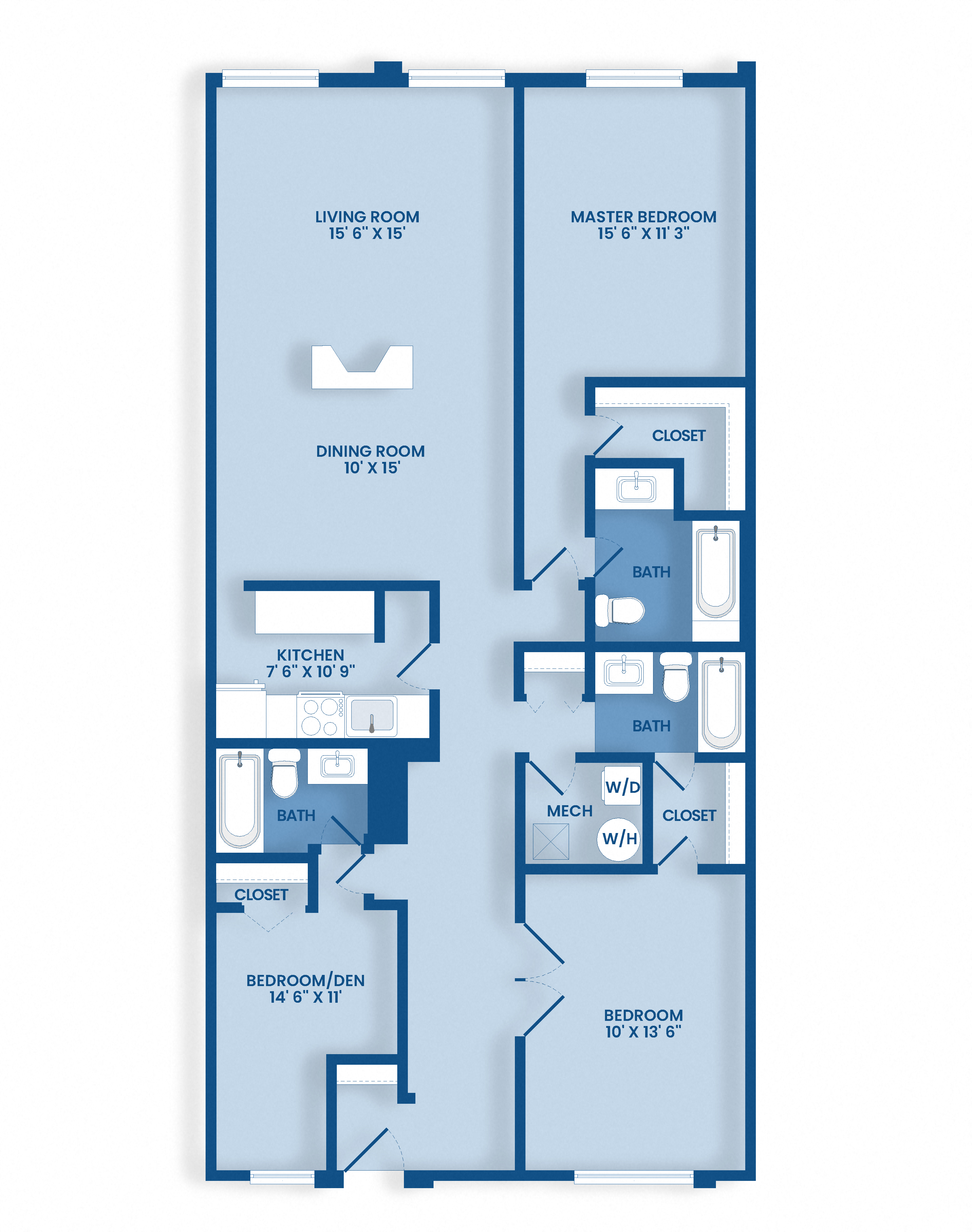 Floor plan for 3 beds, 3 baths, 1365 sqft