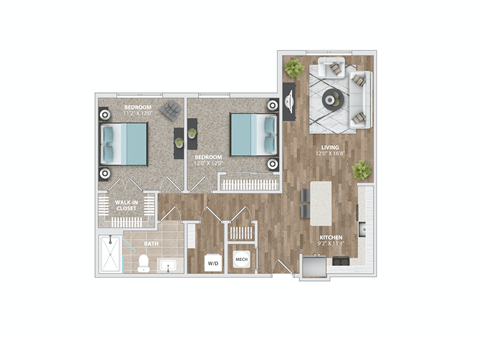 Floor plan for 2 beds, 1 bath, 945 sqft