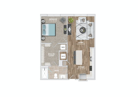 Floor plan for 1 bed, 1 bath, 733 sqft