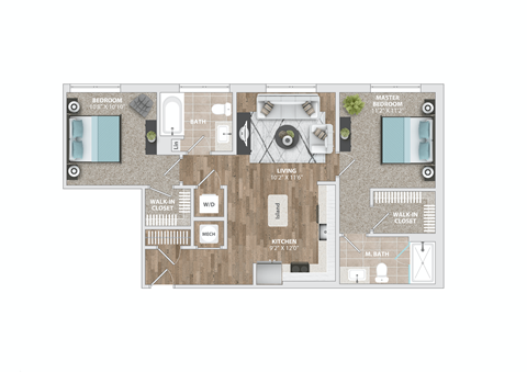 Floor plan for 2 beds, 2 baths, 923 sqft