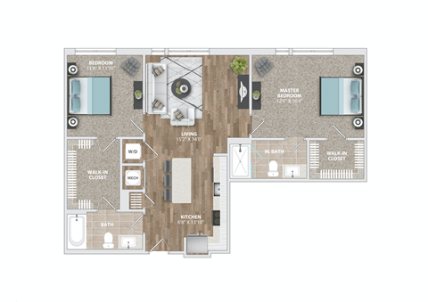 Floor plan for 2 beds, 2 baths, 1105 sqft