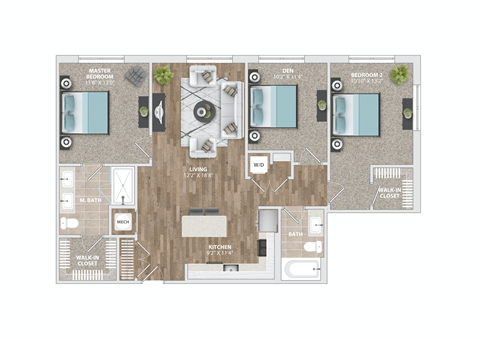 Floor plan for 2 beds, 2 baths, 1268 sqft