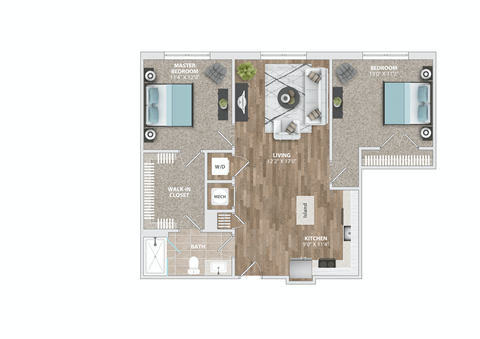 Floor plan for 2 beds, 1 bath, 993 sqft
