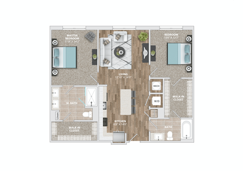 Floor plan for 2 beds, 2 baths, 1074 sqft