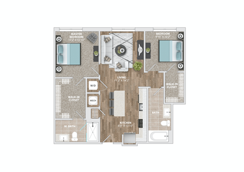 Floor plan for 2 beds, 2 baths, 954 sqft