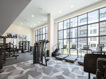 A gym with treadmills, weights, and exercise equipment.
