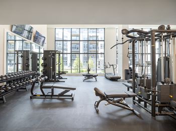 A gym with a variety of equipment including treadmills, weights, and exercise machines.