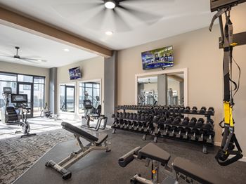 A gym with a variety of equipment including a bench press, dumbbells, and a television.