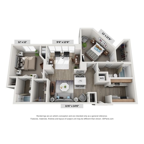 Floor plan for 2 beds, 2 baths, 969 sqft