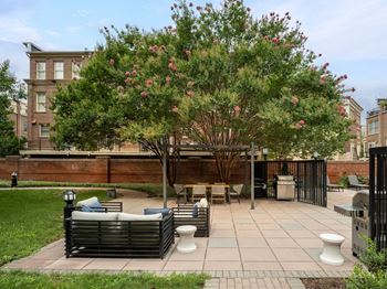 A patio with furniture and a tree in front of a building