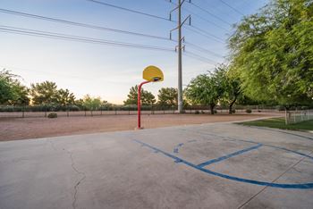 A basketball court with a hoop and blue lines on the ground.