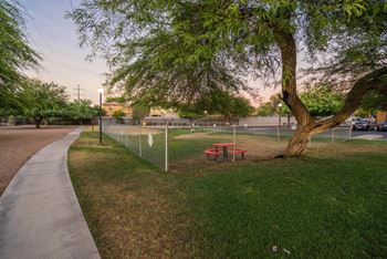 A park with a red picnic table and a tree.