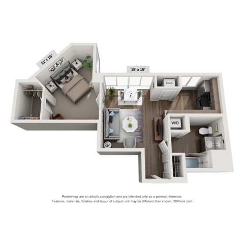 Floor plan for 1 bed, 1 bath, 618 sqft
