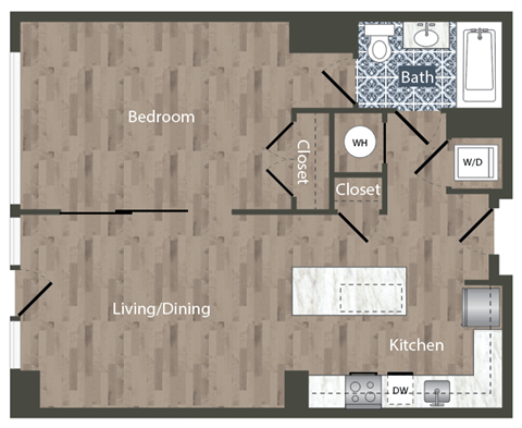 Floor plan for 1 bed, 1 bath, 768 sqft