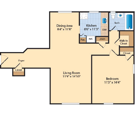 Floor plan for 1 bed, 1 bath, 820 sqft