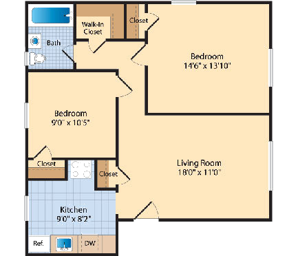 Floor plan for 2 beds, 1 bath, 884 sqft